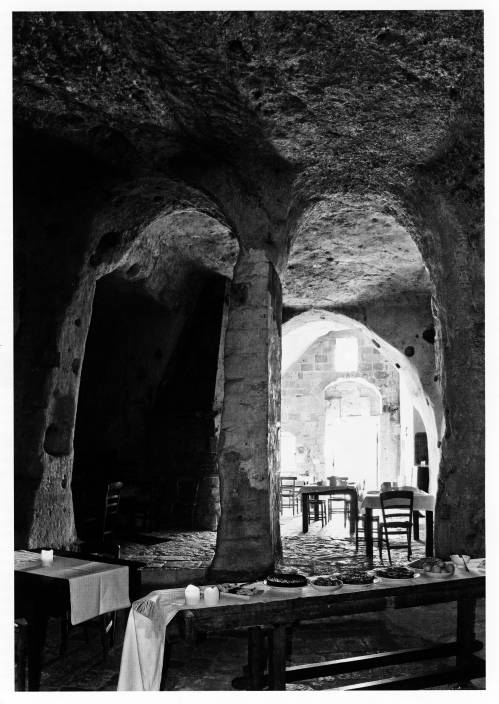 Terrasse, Le Grotte della Cività, Höhlenhotel, Matera, Italien.